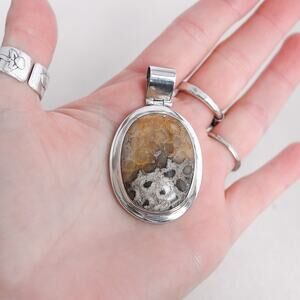 Vintage Sterling Silver Ammolite Fossil Large Oval Pendant 24g Natural Stone